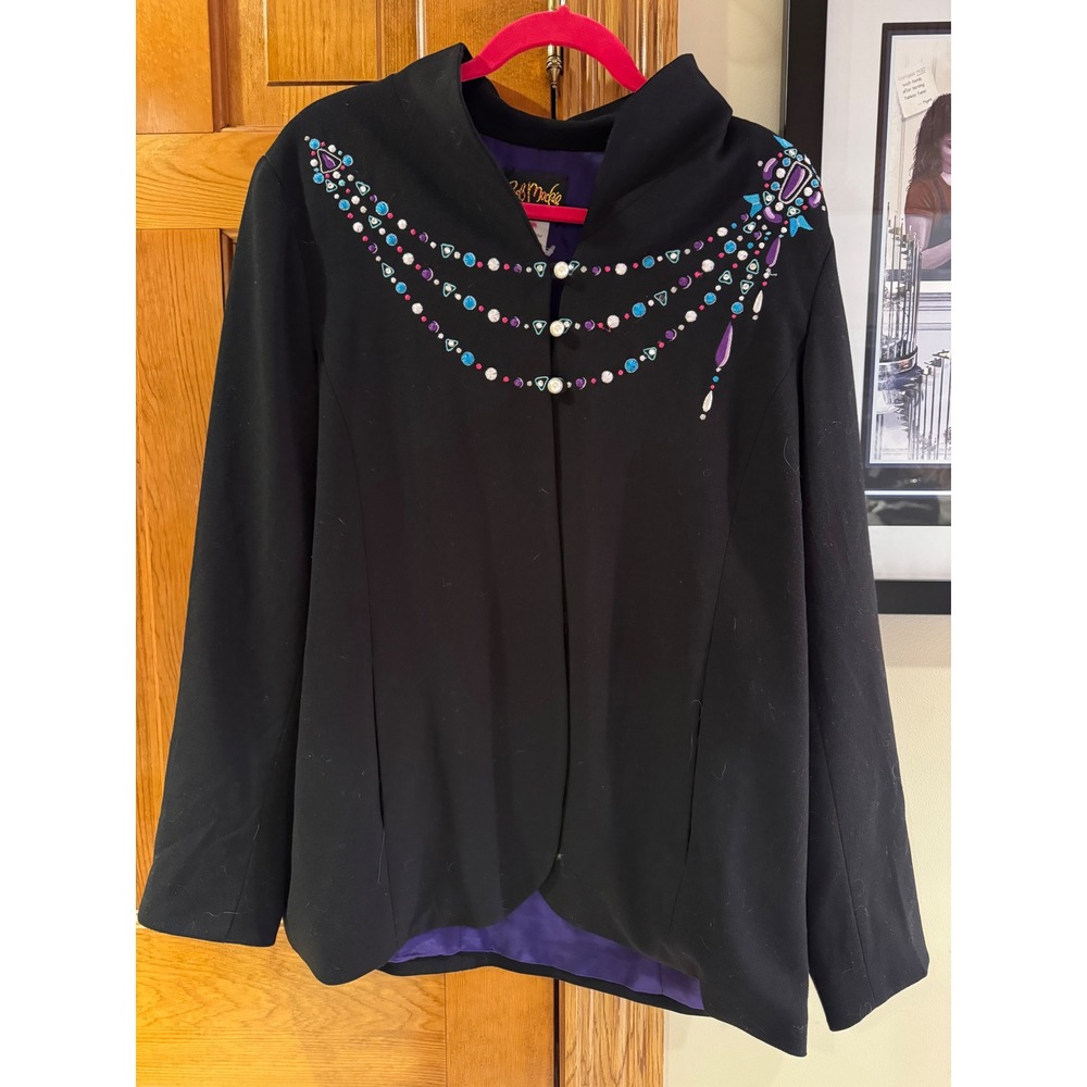 Bob Mackie Wearable Art Blazer Black Beaded Necklace Detail Purple Lining XL - Picture 1 of 10